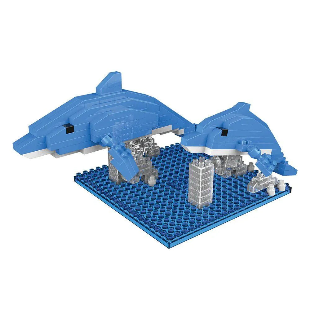 Blue mini block building set with two dolphins on a blue baseplate against a white background