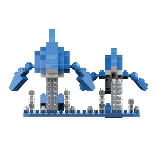 Blue mini block building set with two dolphins on a blue baseplate against a white background