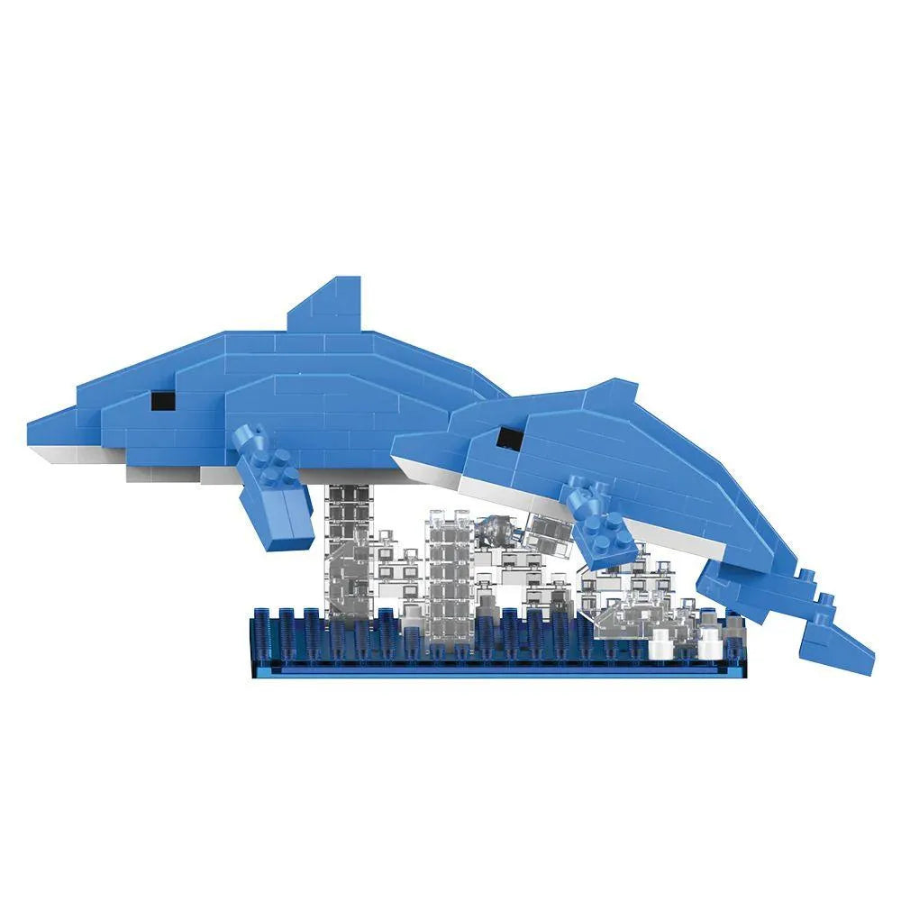 Blue mini block building set with two dolphins on a blue baseplate against a white background