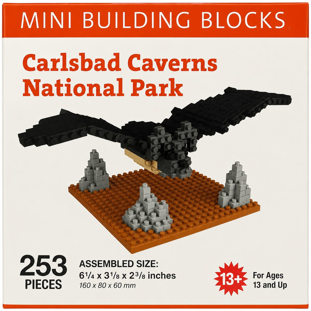 Front of a mini building blocks package for Carlsbad Caverns National Park, showing a black bat-like bird built from small blocks on an orange base with gray rock formations. Text includes 'MINI BUILDING BLOCKS,' 'Carlsbad Caverns National Park,' '253 PIECES,' and 'For Ages 13 and Up.