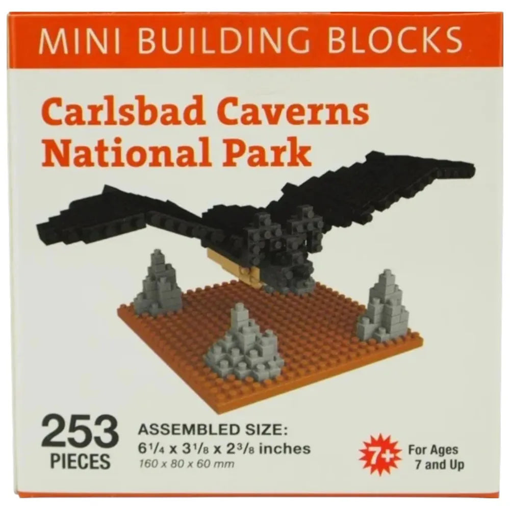 Mini building blocks set for Carlsbad Caverns National Park with eagle and rock design on packaging.