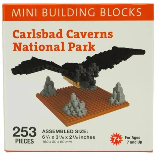 Mini building blocks set for Carlsbad Caverns National Park with eagle and rock design on packaging.