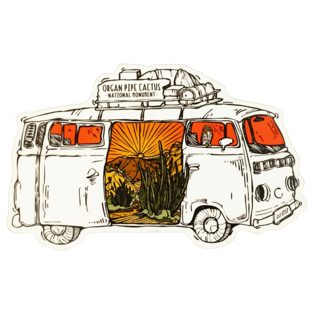Sticker featuring an illustration of a camper van with a scenic view and 'Organ Pipe Cactus National Monument' sign on a white background