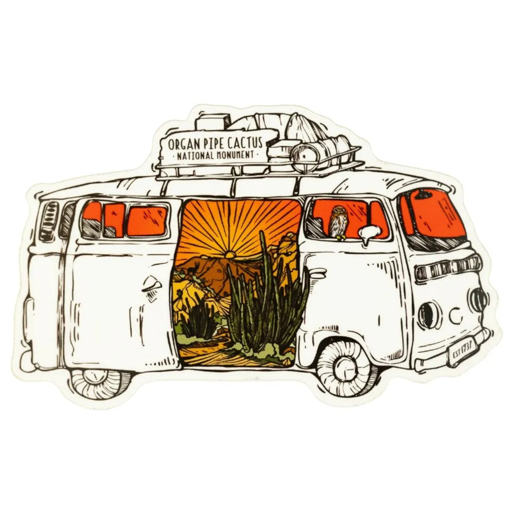 Sticker featuring an illustration of a camper van with a scenic view and 'Organ Pipe Cactus National Monument' sign on a white background