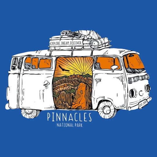 Illustration of a van with Pinnacles National Park design on a blue background