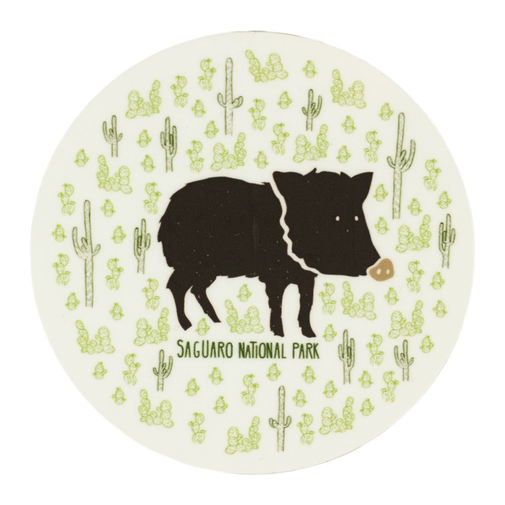 Round sticker with a black silhouette of a javelina and cactus pattern, featuring 'Saguaro National Park' text.
