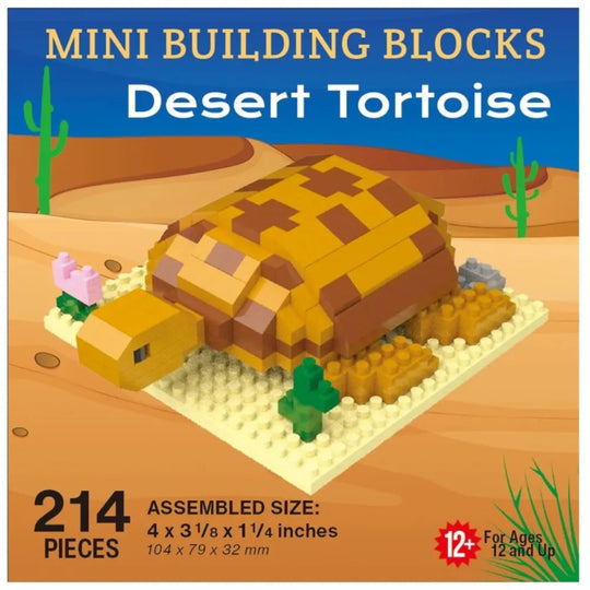Box of Mini Building Blocks Desert Tortoise set with tortoise model and desert landscape illustration.