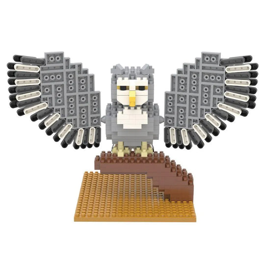 Mini block set of a great horned owl against a white background