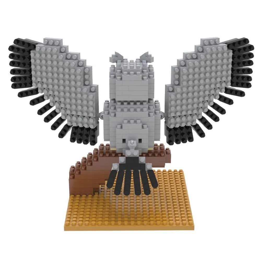 Mini block set of a great horned owl against a white background