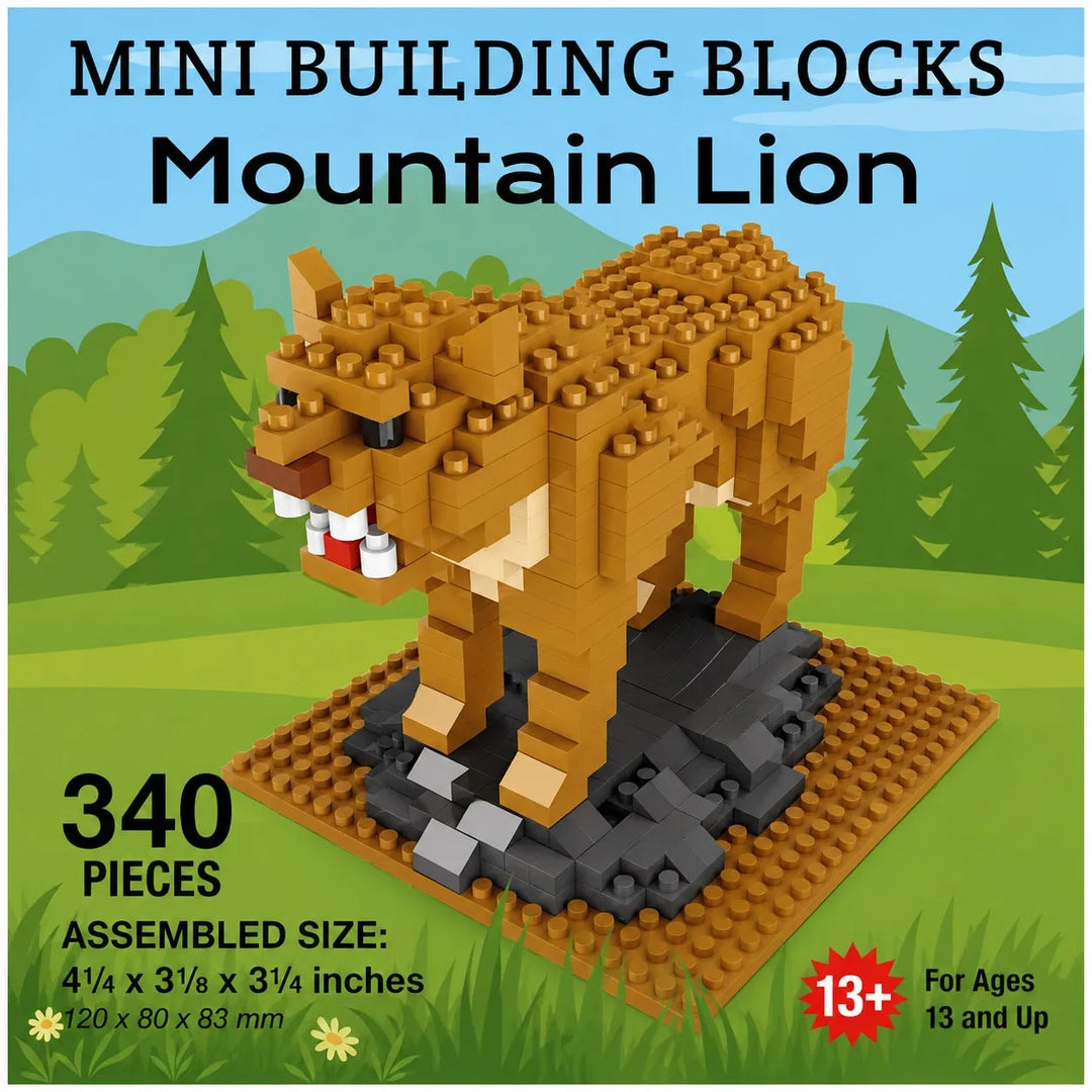 Mini building blocks set for assembling a mountain lion, shown assembled on a baseplate with a colorful forest background. The image includes text detailing the product as 340 pieces, 4 1/4 x 3 1/2 x 3 1/4 inches, suitable for ages 13 and up.