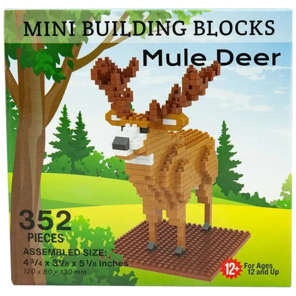 Box of mini building blocks shaped like a mule deer with a forest background