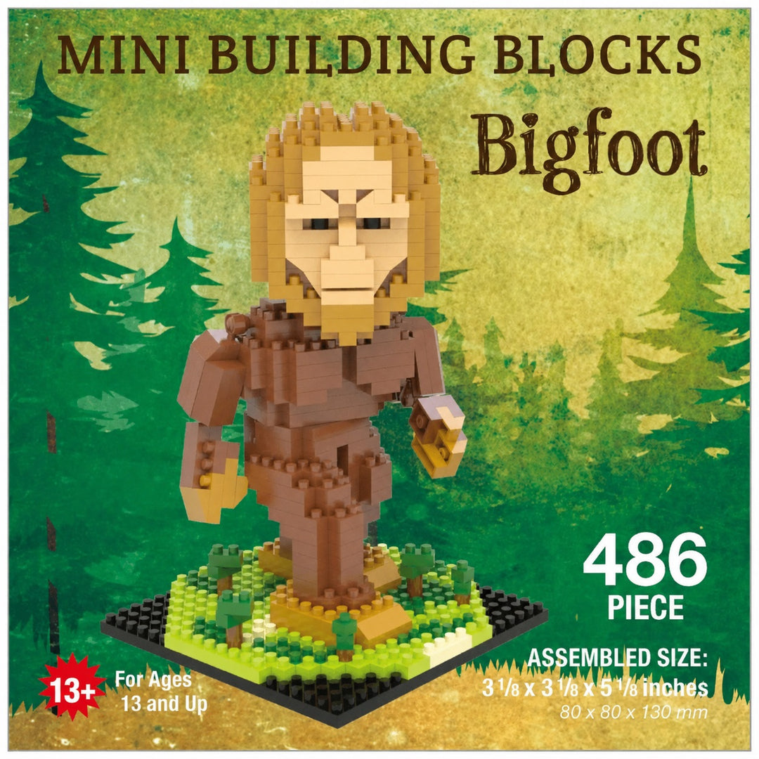 Mini Building Blocks Bigfoot toy set packaging showing a assembled block-built Bigfoot figure on a forest-themed background, with text reading &