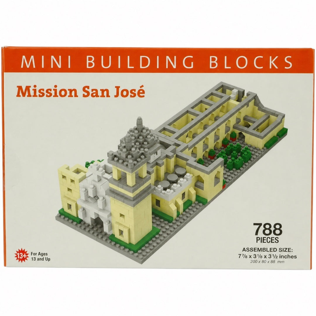 Front of a Mini Building Blocks box for Mission San José, showing the assembled brick-built model on the front. The packaging has an orange header and white background with product details including 788 pieces and assembled size.