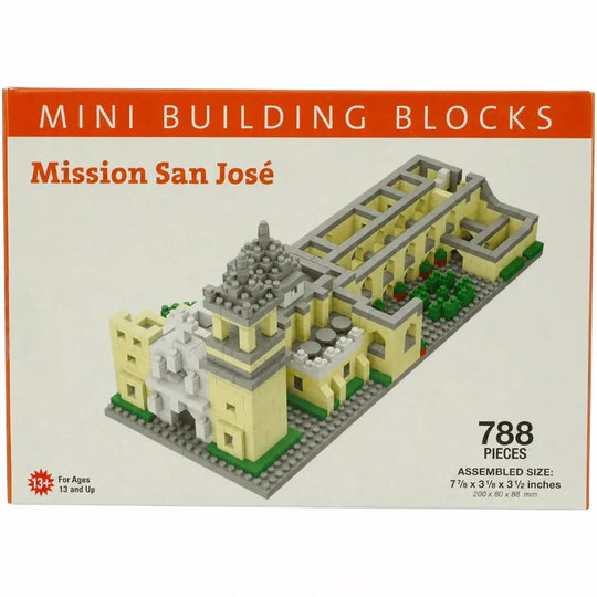 Front of a Mini Building Blocks box for Mission San José, showing the assembled brick-built model on the front. The packaging has an orange header and white background with product details including 788 pieces and assembled size.