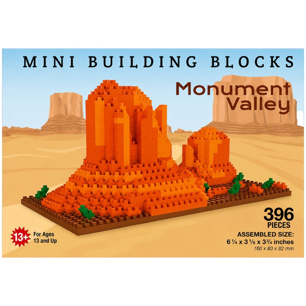 Mini Building Blocks set for Monument Valley, featuring a 3D brick-built desert landscape with orange sandstone buttes on a sandy beige base, shown on a light blue and beige illustrated background with product text overlays.