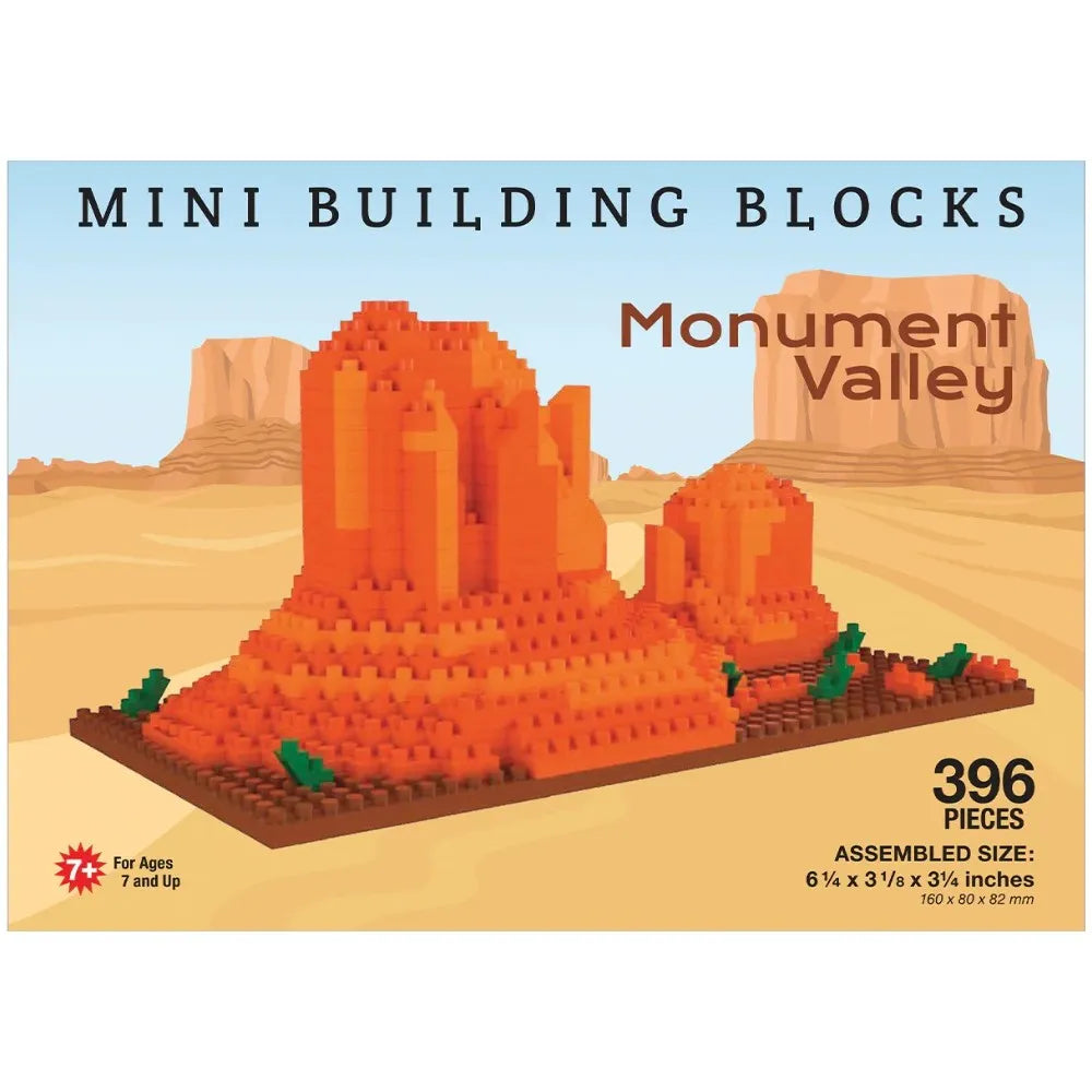 Box of Mini Building Blocks inspired by Monument Valley with desert landscape illustration.