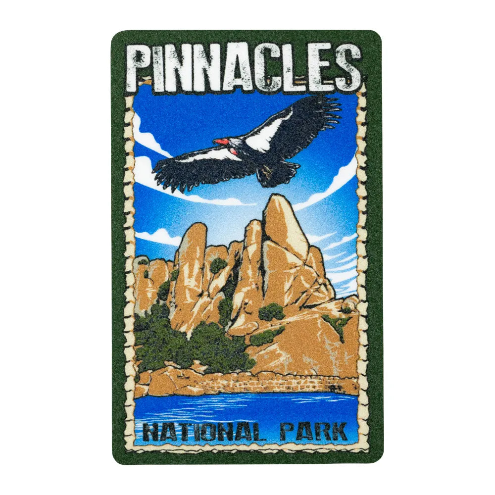 Sticker of Pinnacles National Park with a condor and rock formations.