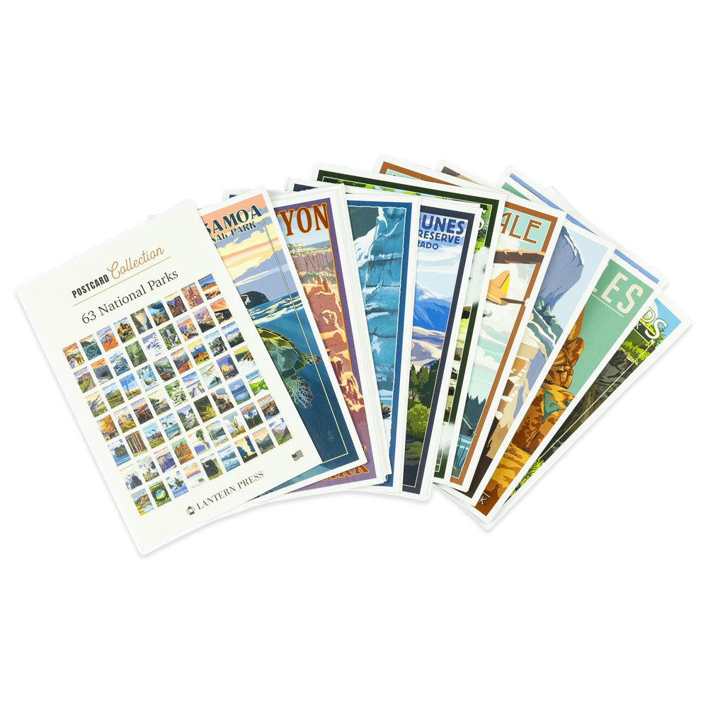 A fan of vintage-style national park travel posters on a white background, with the top card reading &