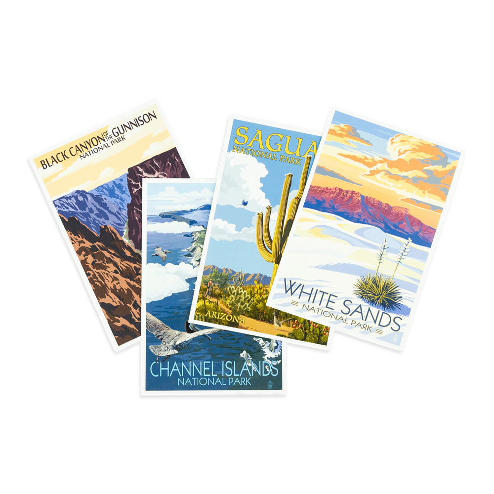 Four vintage-style national park travel posters fanned out on a white background, featuring Black Canyon of Gunnison, Sagua Arch National Park, Channel Islands National Park, and White Sands National Park.