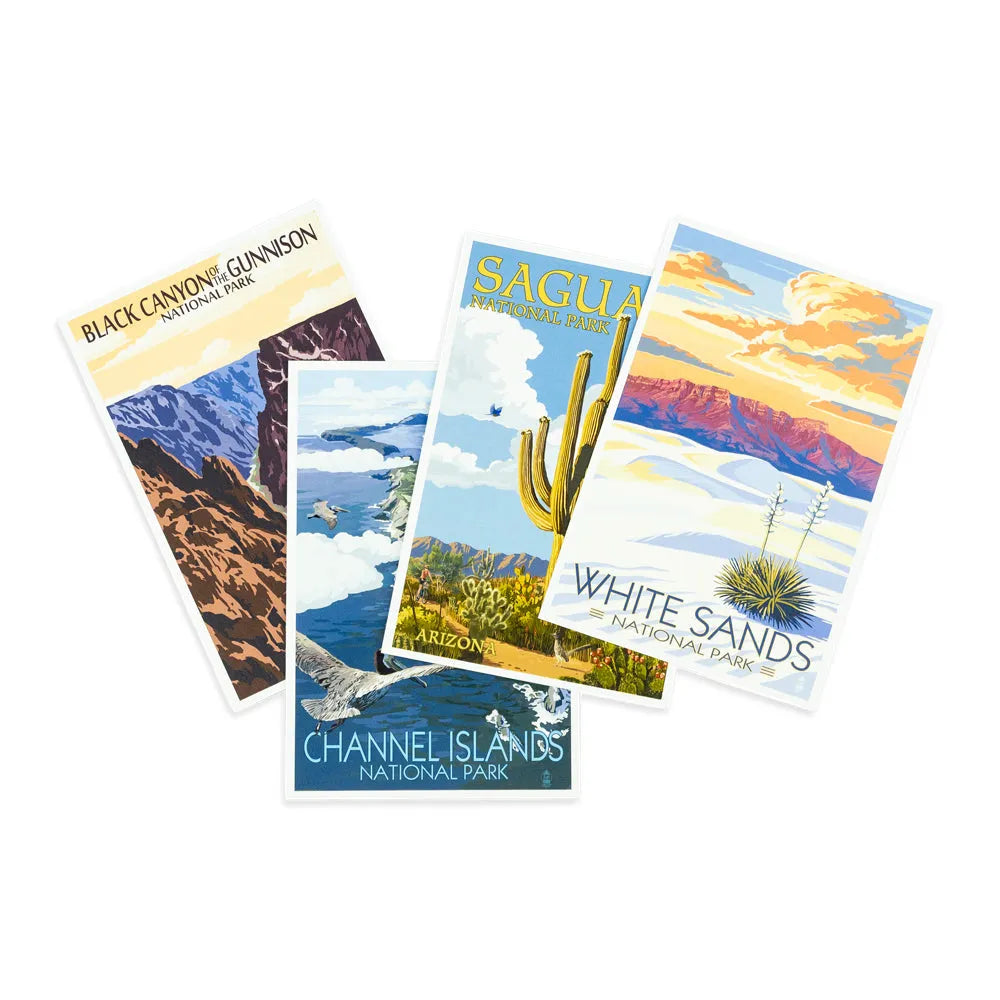 Four vintage-style national park travel posters fanned out on a white background, featuring Black Canyon of Gunnison, Sagua Arch National Park, Channel Islands National Park, and White Sands National Park.