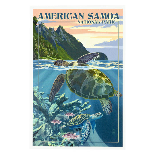A vintage-style travel postCARD for American Samoa National Park, featuring a sea turtle swimming above coral reef and ocean, with mountains and a sunset sky in the background. The text &