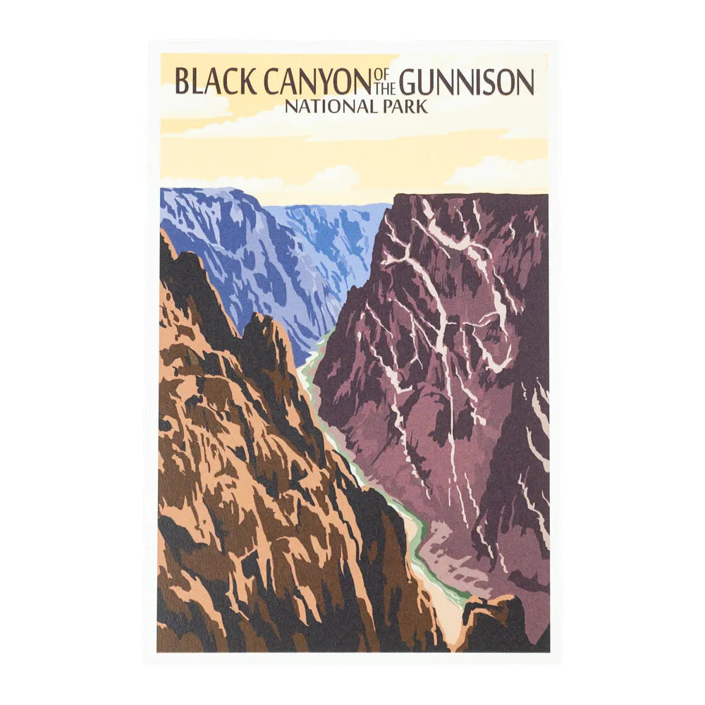 A vintage-style travel posTCARD of Black Canyon of the Gunnison National Park, featuring a graphic illustration of brown and purple canyon walls with a winding green river under a pale yellow sky.