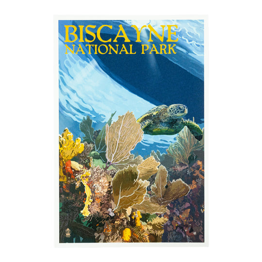 A vintage-style travel postcard for Biscayne National Park, featuring a sea turtle swimming above a colorful coral reef under deep blue water, with the text &
