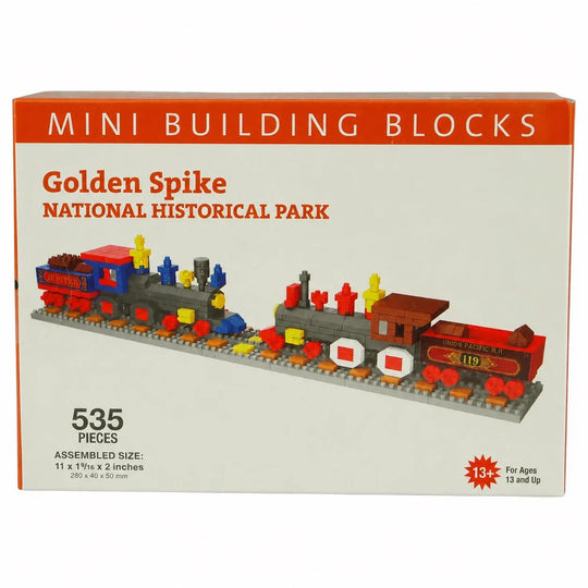 Front view of a Mini Building Blocks toy box for Golden Spike National Historical Park, showing a assembled train model and product details on a white background.