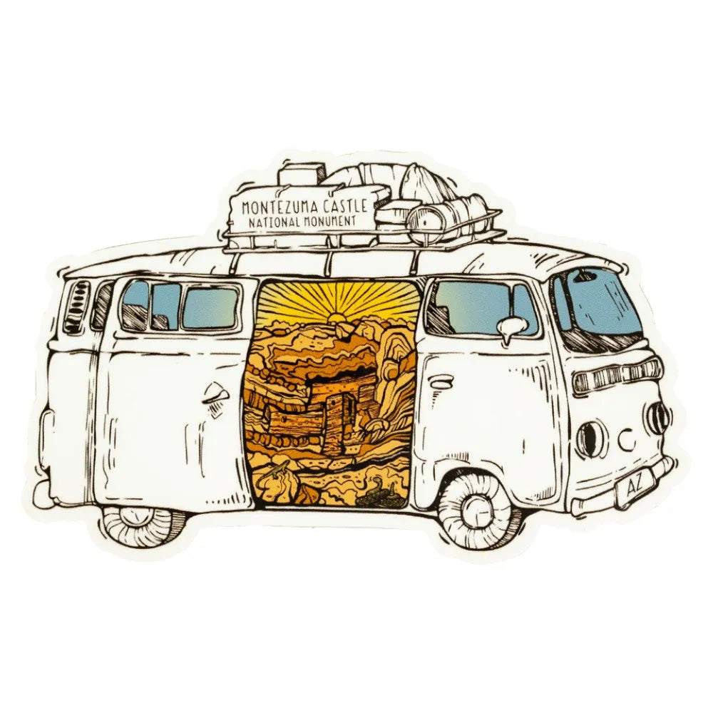 Sticker featuring an illustration of a vintage van with a door open, showing a an ancient dwelling carved into a mountain and the text Montezuma Castle National Monument, on a white background.