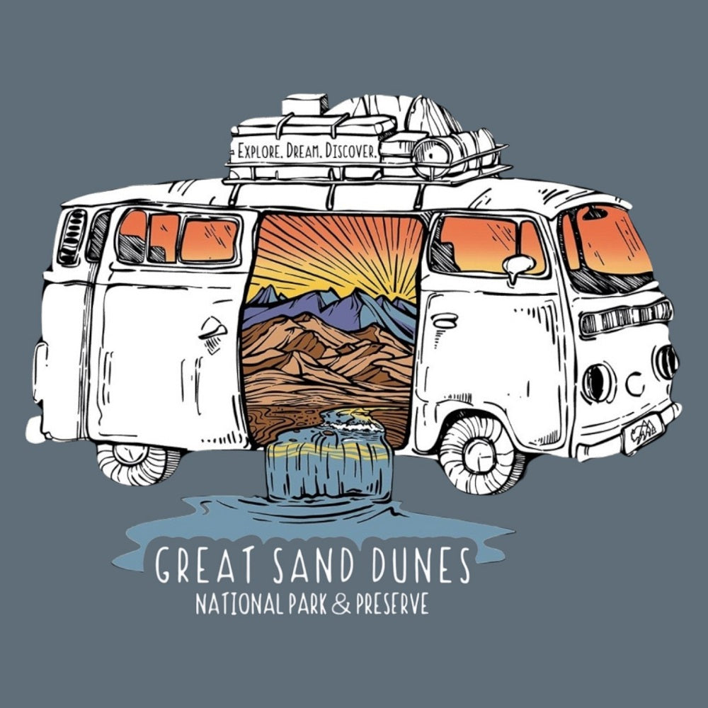 Illustration of a van with a mountain scene and 'Great Sand Dunes National Park & Preserve' text on a gray background