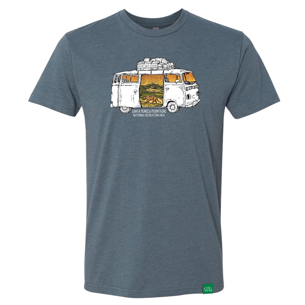 Blue t-shirt with a graphic of a van and nature scene and text Santa Monica Mountains National Recreation Area on a white background