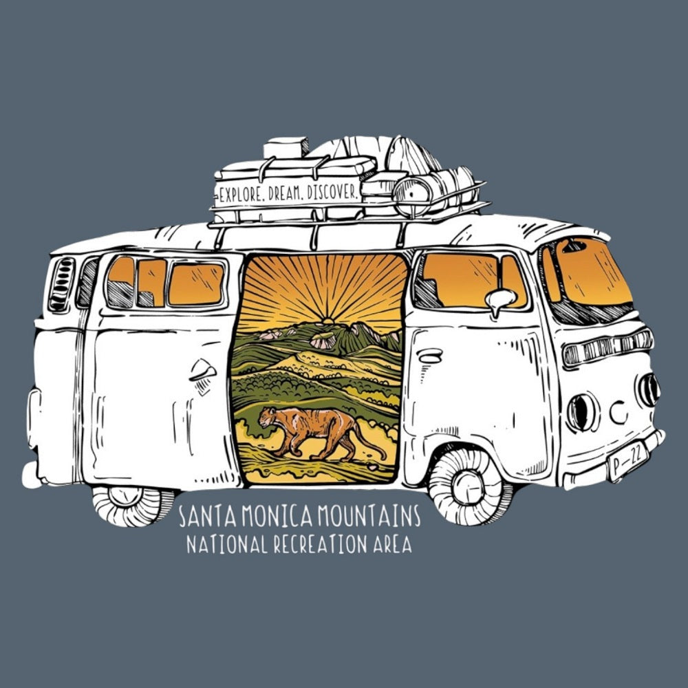 Illustration of a van with scenic views and text on a dark background and text 'Santa Monica Mountains National Recreation Area'