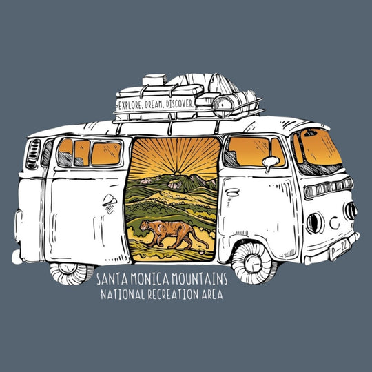 Illustration of a van with scenic views and text on a dark background and text 'Santa Monica Mountains National Recreation Area'