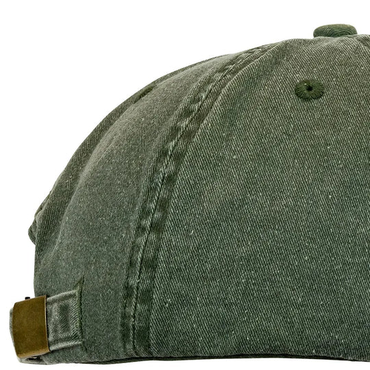 Green cotton cap side view with buckle detail
