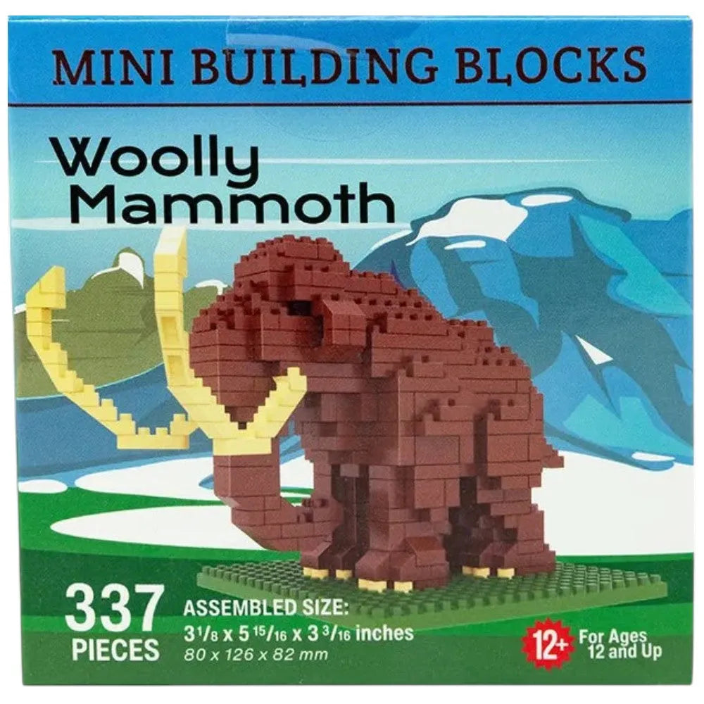 Box of mini building blocks shaped like a woolly mammoth with mountain and lake background