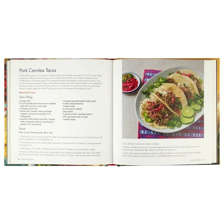 Salsas and Tacos: The Santa Fe School of Cooking interior pages with recipe for pork carnitas tacos