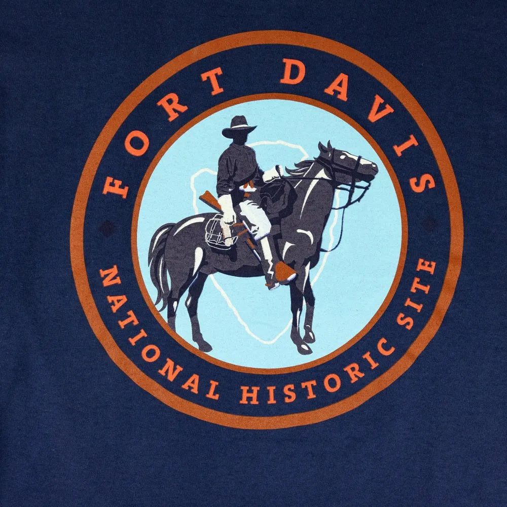 Navy blue t-shirt with Fort Davis National Historic Site graphic featuring a cowboy on a horse.
