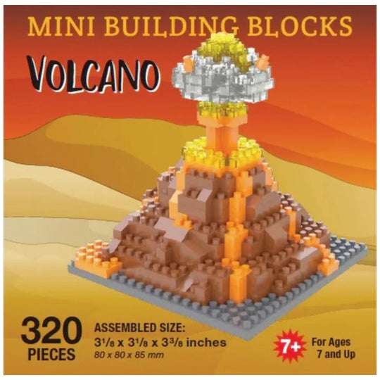 Mini building blocks volcano set with packaging displaying product details.