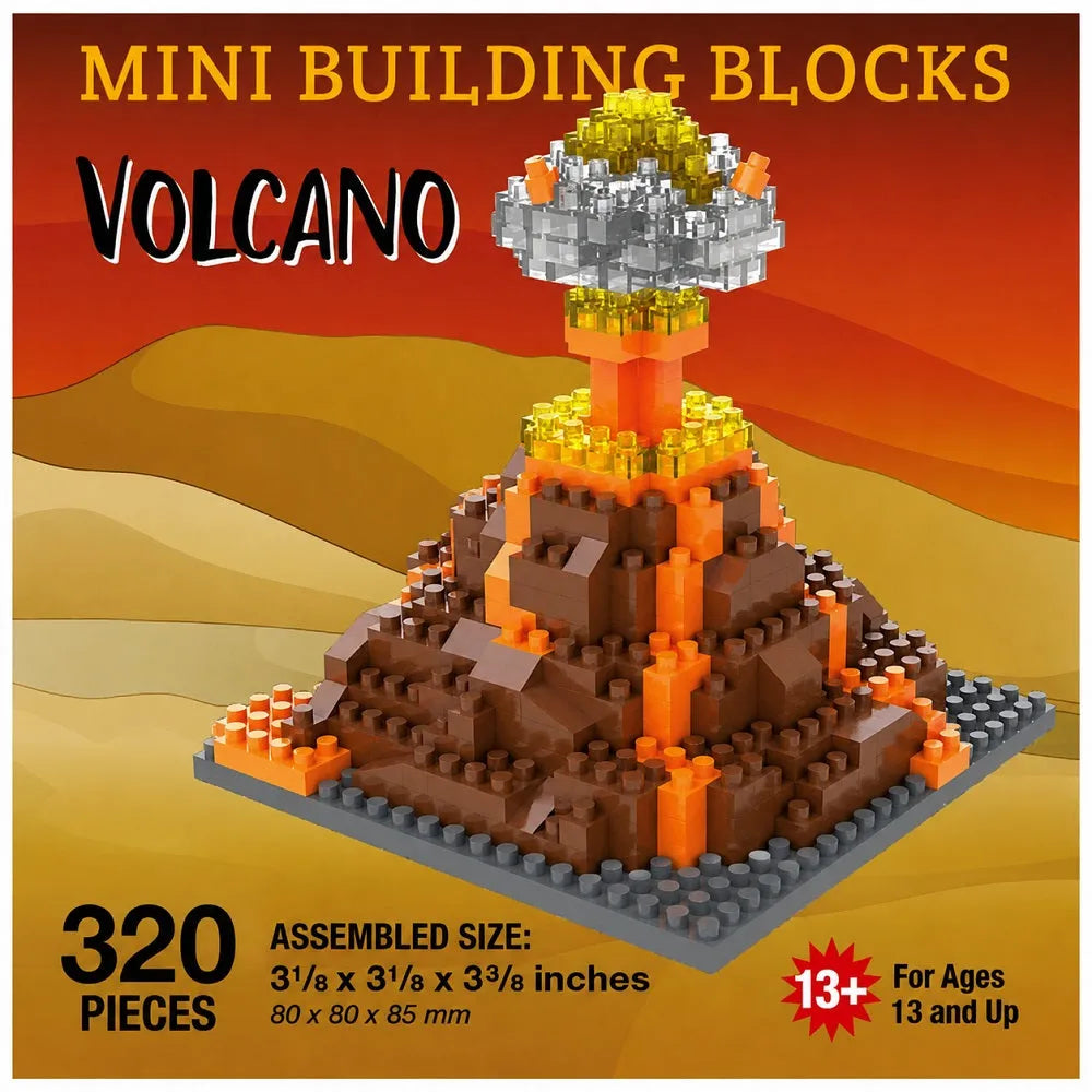 Volcano mini building blocks set with 320 pieces, featuring a brown textured volcano with orange lava and a gray crater, displayed on a baseplate against a desert background with product details.