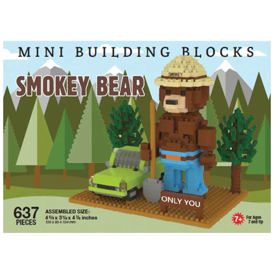 Smokey Bear mini building blocks set with packaging featuring a forest scene.