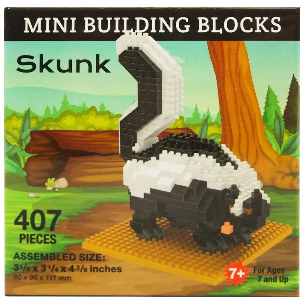 Box of Mini Building Blocks Skunk set with assembly instructions and size details.