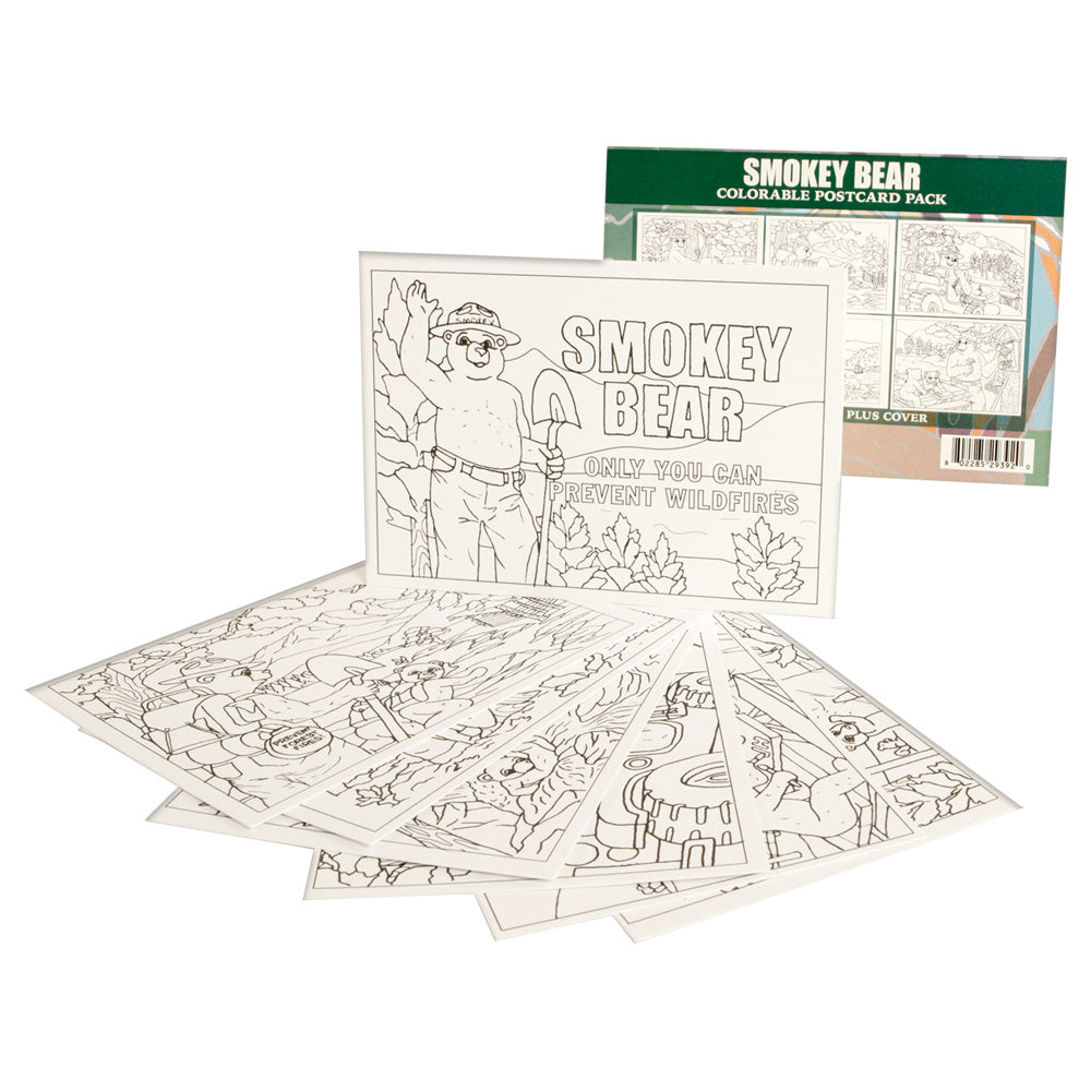 Smokey Bear coloring postcard pack with coloring sheets on a white background