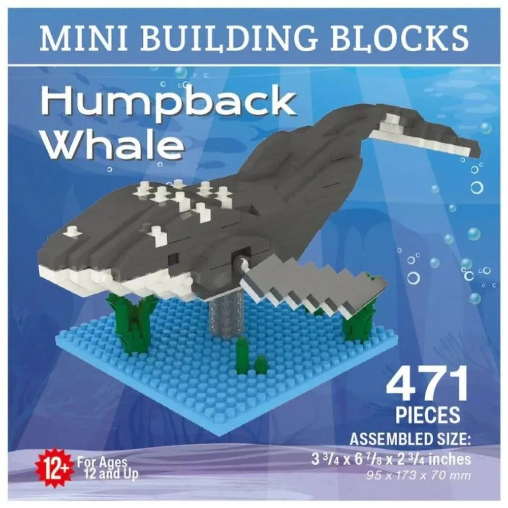 Mini building blocks set of a humpback whale on a blue background with text indicating pieces count and assembly size.