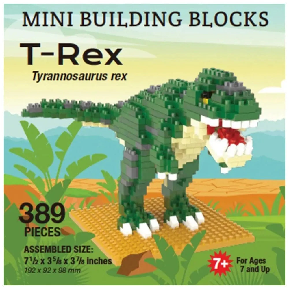 T-Rex building block set packaging with assembly instructions and product details.