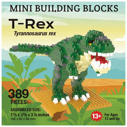 Box art of a T-Rex mini block set containing 389 pieces, for ages 13 and up
