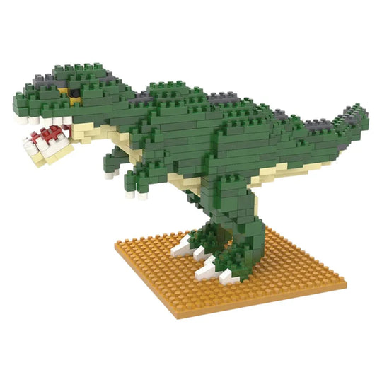 T-Rex mini building block set on a tan base against a white background.