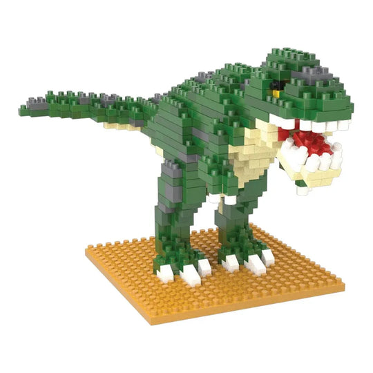 T-Rex mini building block set on a tan base against a white background.