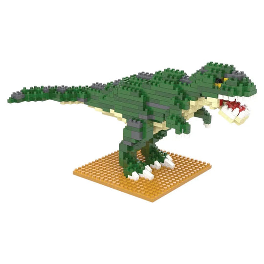 T-Rex mini building block set on a tan base against a white background.