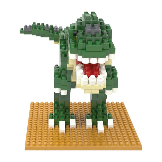 T-Rex mini building block set on a tan base against a white background.