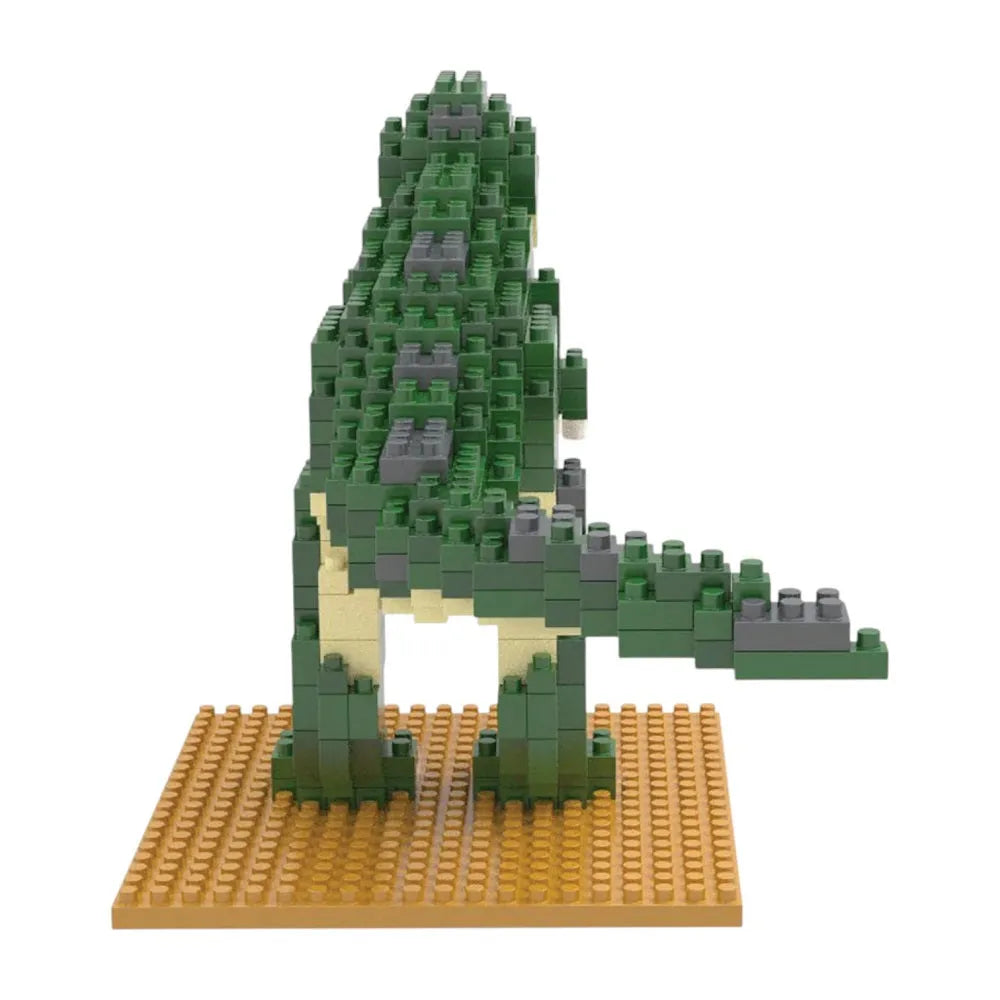 T-Rex mini building block set on a tan base against a white background.